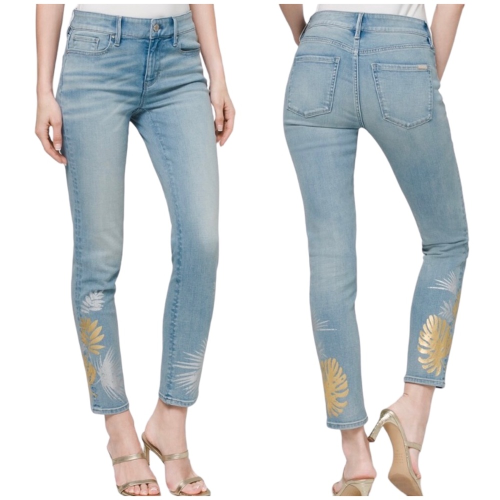 White House Black Market Mid-Rise Tropical Print Foil Slim Crop Jeans, Long Tall